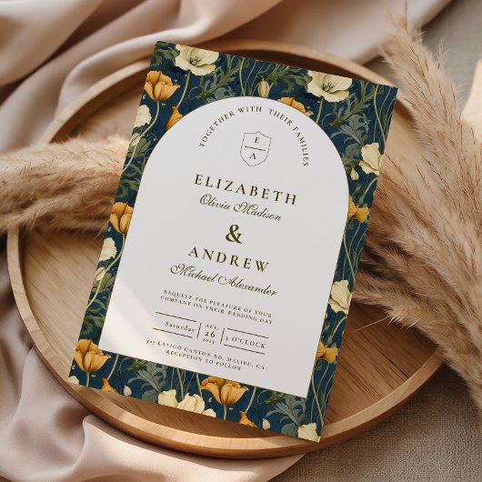 Navy Blue Floral Arch Elegant Wedding 招待状