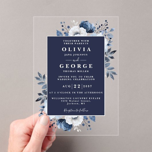 Navy Blue Floral Botanical Modern Wedding アクリル招待状 (インサイチュ (ポータブル))