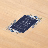 Navy Blue Floral Botanical Modern Wedding アクリル招待状 (レイダウン)