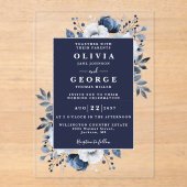 Navy Blue Floral Botanical Modern Wedding アクリル招待状 (正面)