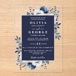 Navy Blue Floral Botanical Modern Wedding アクリル招待状
