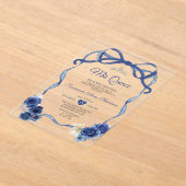 Navy Blue Floral Bow Frame Silver Crown Mis Quince アクリル招待状 (レイダウン)