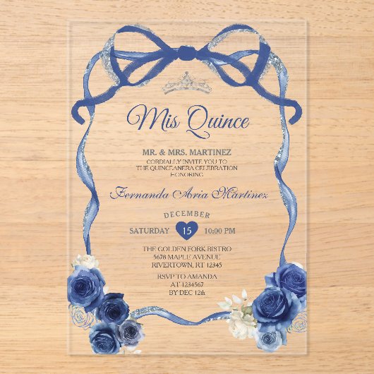 Navy Blue Floral Bow Frame Silver Crown Mis Quince アクリル招待状 (正面)