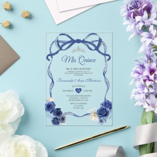 Navy Blue Floral Bow Frame Silver Crown Mis Quince アクリル招待状 (インサイチュ (ウェディング))