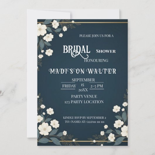 Navy Blue Floral Bridal Shower Invitation 招待状 (正面)