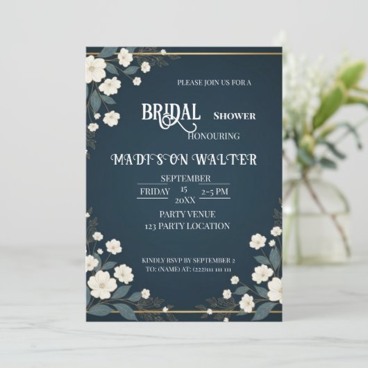 Navy Blue Floral Bridal Shower Invitation 招待状 (スタンド正面)