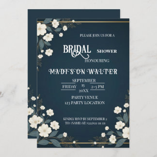 Navy Blue Floral Bridal Shower Invitation 招待状
