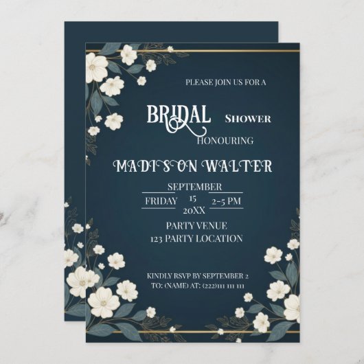 Navy Blue Floral Bridal Shower Invitation 招待状 (正面/裏面)