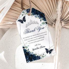 Navy Blue Floral Butterflies Quince 16th Birthday ギフトタグ