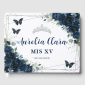 Navy Blue Floral Butterflies Silver Quinceanera 15 ゲストブック (正面)