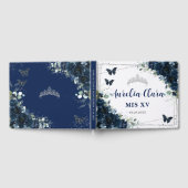 Navy Blue Floral Butterflies Silver Quinceanera 15 ゲストブック (全面)