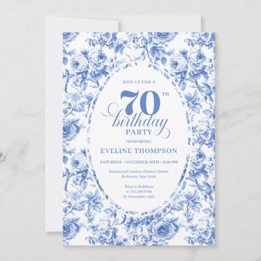 Navy Blue Floral Chic 70th Birthday Invitation 招待状 (正面)