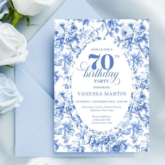 Navy Blue Floral Chic 70th Birthday Invitation 招待状