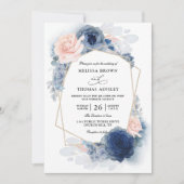 Navy Blue Floral Dusty Budget QR Code Wedding 招待状 (正面)