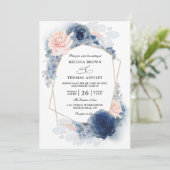 Navy Blue Floral Dusty Budget QR Code Wedding 招待状 (スタンド正面)