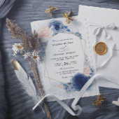 Navy Blue Floral Dusty Budget QR Code Wedding 招待状