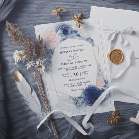 Navy Blue Floral Dusty Budget QR Code Wedding 招待状