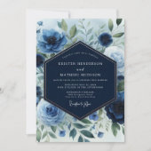 Navy Blue Floral Elegance Wedding 招待状 (正面)