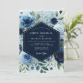 Navy Blue Floral Elegance Wedding 招待状 (スタンド正面)