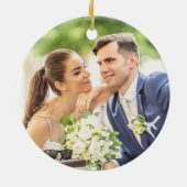 Navy Blue Floral Elegant Custom Wedding Photo セラミックオーナメント (裏面)