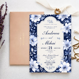 Navy Blue Floral Elegant White Flower Luxury 招待状