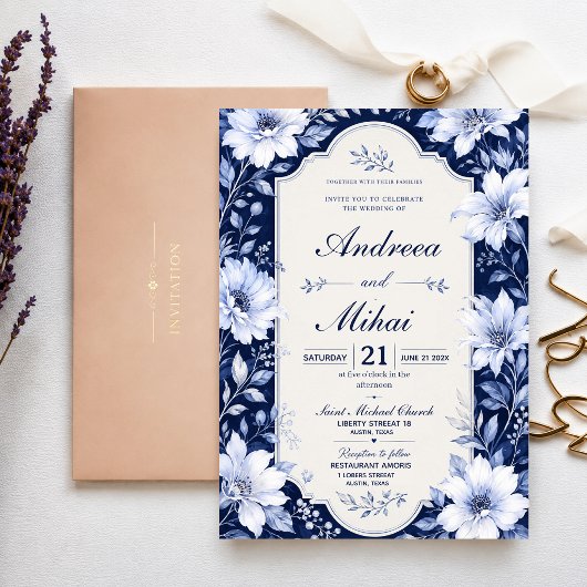 Navy Blue Floral Elegant White Flower Luxury 招待状