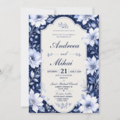 Navy Blue Floral Elegant White Flower Luxury 招待状 (正面)