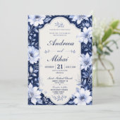 Navy Blue Floral Elegant White Flower Luxury 招待状 (スタンド正面)