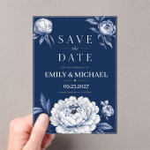 Navy Blue Floral Elegant White Peony アクリル招待状 (インサイチュ (ポータブル))