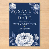 Navy Blue Floral Elegant White Peony アクリル招待状 (正面)