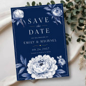 Navy Blue Floral Elegant White Peony セーブザデート