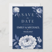 Navy Blue Floral Elegant White Peony セーブザデート (正面)