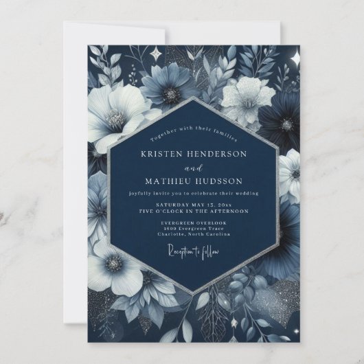 Navy Blue Floral Enchantment Wedding 招待状 (正面)