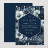 Navy Blue Floral Enchantment Wedding 招待状 (正面/裏面)