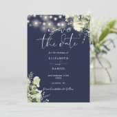 Navy Blue Floral Greenery String Lights Wedding セーブザデート (スタンド正面)