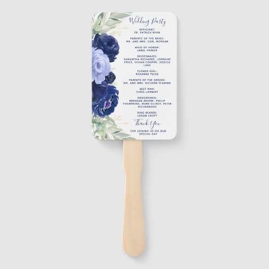 Navy Blue Floral Greenery Wedding Program ハンドファン (裏面)