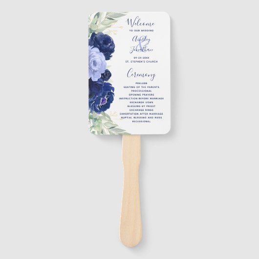 Navy Blue Floral Greenery Wedding Program ハンドファン (正面)
