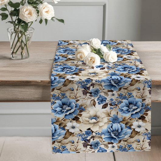 Navy Blue Floral Home Decor Table Runner ロングテーブルランナー