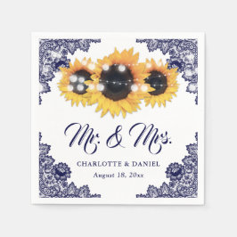 Navy Blue Floral Lace Sunflower Wedding スタンダードカクテルナプキン