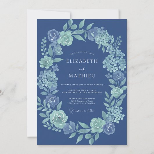 Navy Blue Floral Laurel Wedding 招待状 (正面)