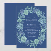 Navy Blue Floral Laurel Wedding 招待状 (正面/裏面)