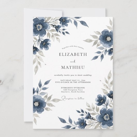 Navy Blue Floral Meadow Wedding 招待状 (正面)