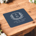 Navy Blue Floral Monogram Wedding Crest Modern スクエアペーパーコースター<br><div class="desc">Add an elegant touch to your celebration with the Modern Monogram Wedding Crest Square Paper Coaster. Featuring a sophisticated monogram crest design, these coasters are perfect for weddings, engagement parties, or bridal showers. The stylish square shape and high-quality, absorbent paper protect surfaces while enhancing your decor. Personalize with your initials...</div>