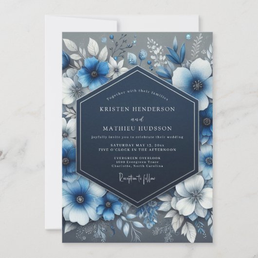 Navy Blue Floral Opulence Wedding 招待状 (正面)
