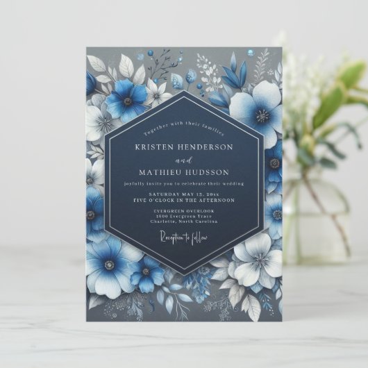Navy Blue Floral Opulence Wedding 招待状 (スタンド正面)