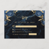 Navy Blue Floral Pale Gold Script Wedding RSVP エンクロージャーカード (正面)