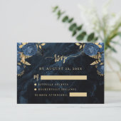 Navy Blue Floral Pale Gold Script Wedding RSVP エンクロージャーカード (スタンド正面)