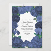 Navy Blue Floral Photo and QR Code Wedding 招待状 (正面)
