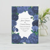 Navy Blue Floral Photo and QR Code Wedding 招待状 (スタンド正面)