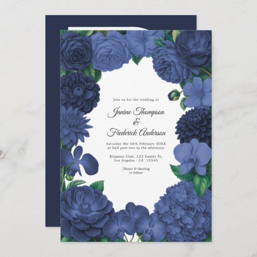 Navy Blue Floral Photo and QR Code Wedding 招待状 (正面/裏面)